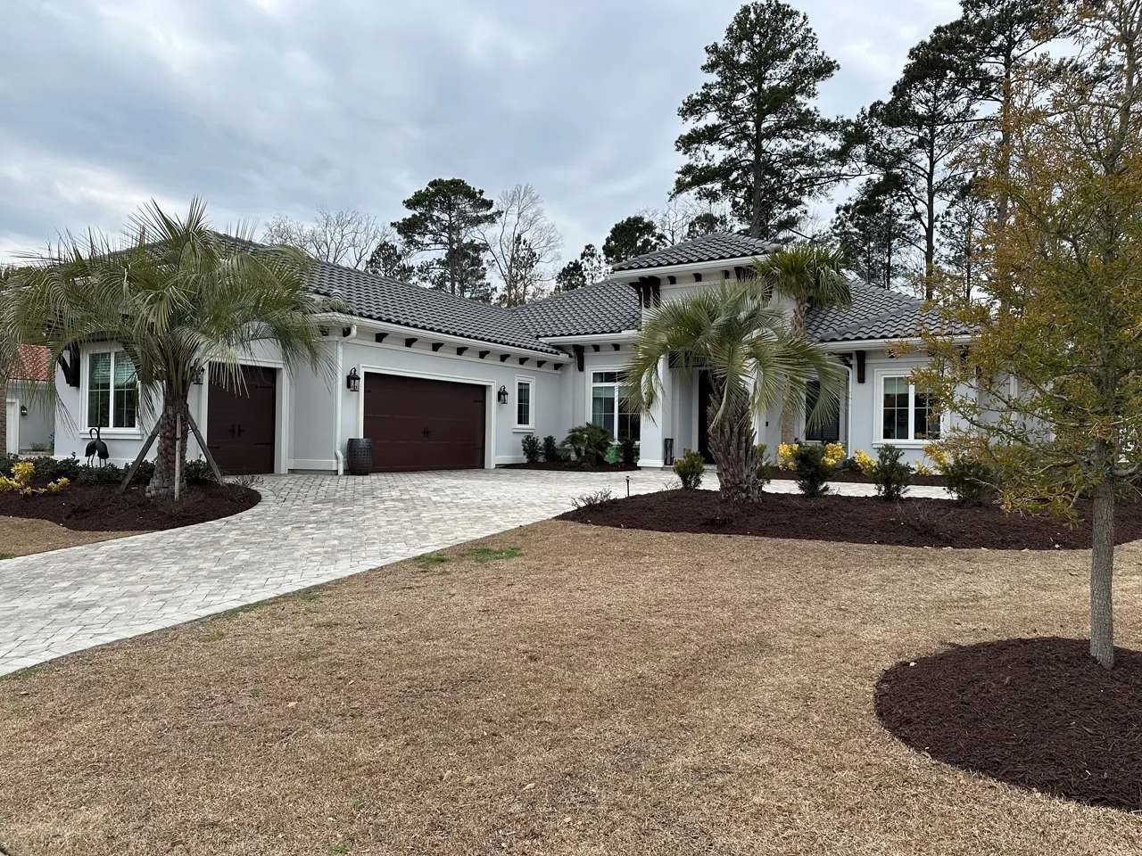 Fresh mulch beds and a young palm framing a home driveway.