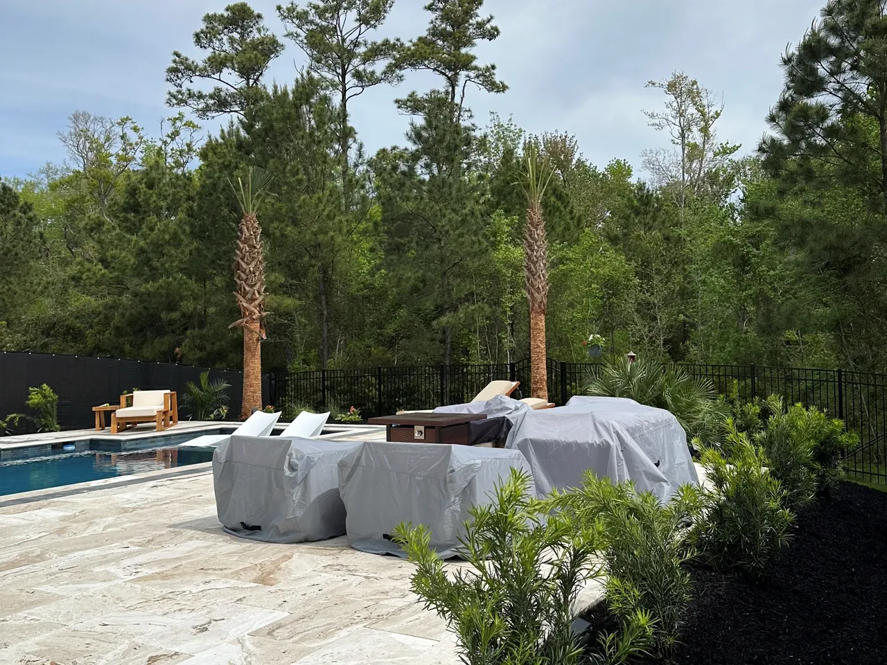 Full paver pool deck, furniture staged and wrapped, palms planted along the border.